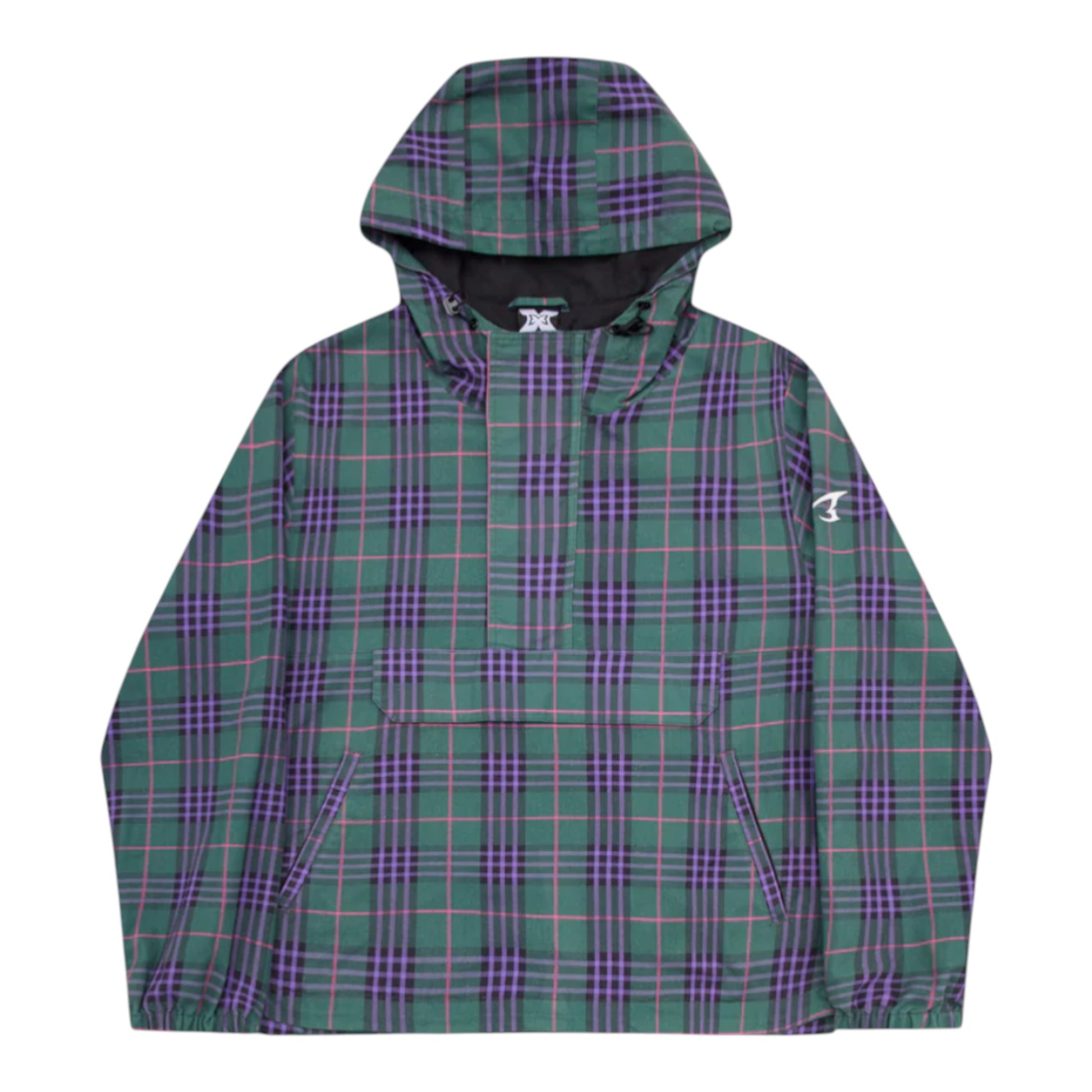 OFFCODE.USA green tartan hooded anorak jacket with purple and pink lines, featuring a half-zip and front pouch pocket.