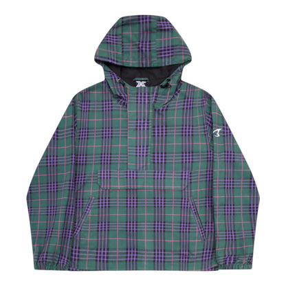 OFFCODE.USA green tartan hooded anorak jacket with purple and pink lines, featuring a half-zip and front pouch pocket.