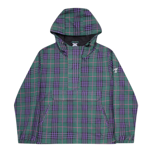 OFFCODE.USA green tartan hooded anorak jacket with purple and pink lines, featuring a half-zip and front pouch pocket.