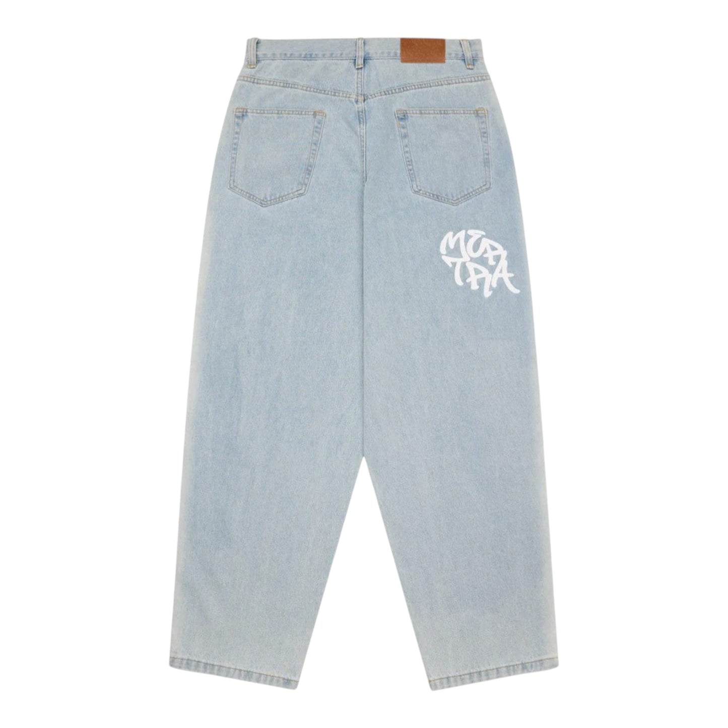 OFFCODE.USA Sider Denim baggy wide leg jeans in light blue 100% cotton with wash down side detail and screen printed graphic.