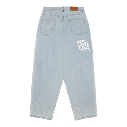OFFCODE.USA Sider Denim baggy wide leg jeans in light blue 100% cotton with wash down side detail and screen printed graphic.