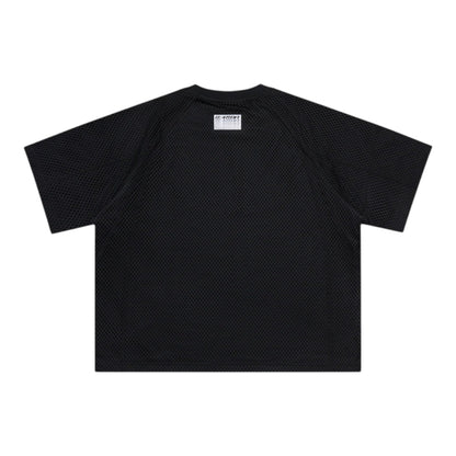OFFCODE.USA black layered mesh jersey with screen printed graphic and boxy fit.