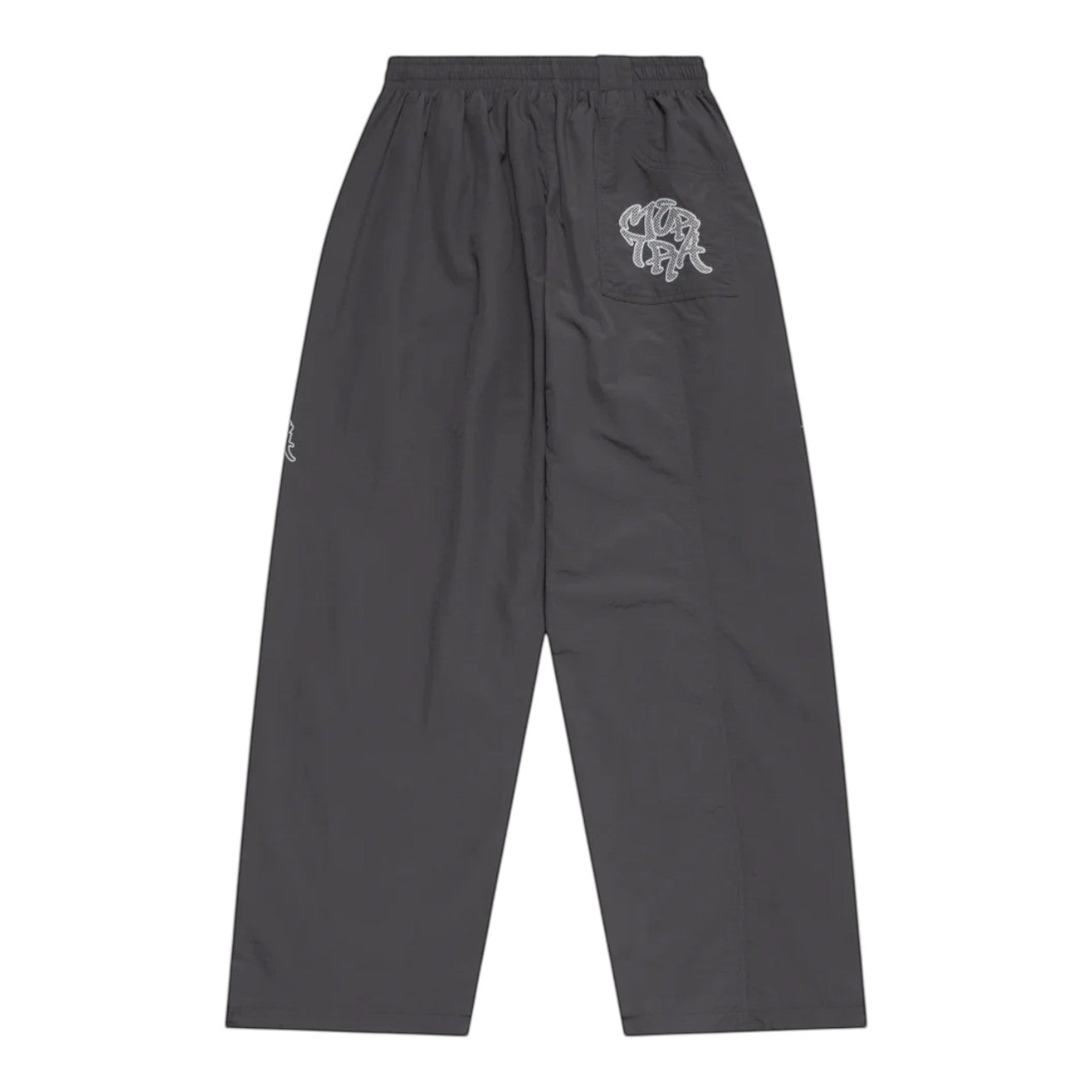 OFFCODE.USA grey nylon track pants with applique mesh logo on back pocket and white 3D piping.