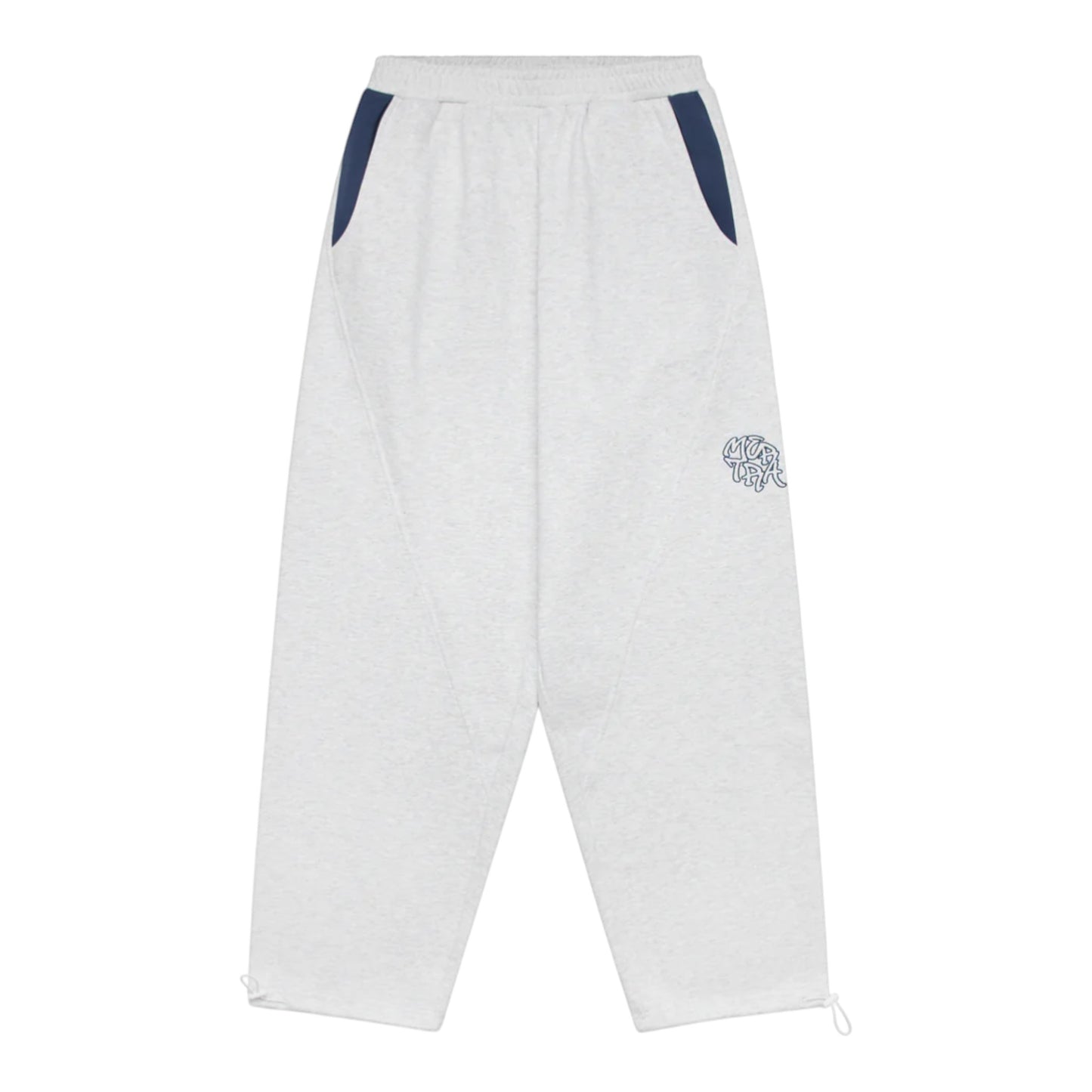 OFFCODE.USA Bigstep Joggers in light grey heather cotton blend with navy blue pocket accents and drawstring cuffs.