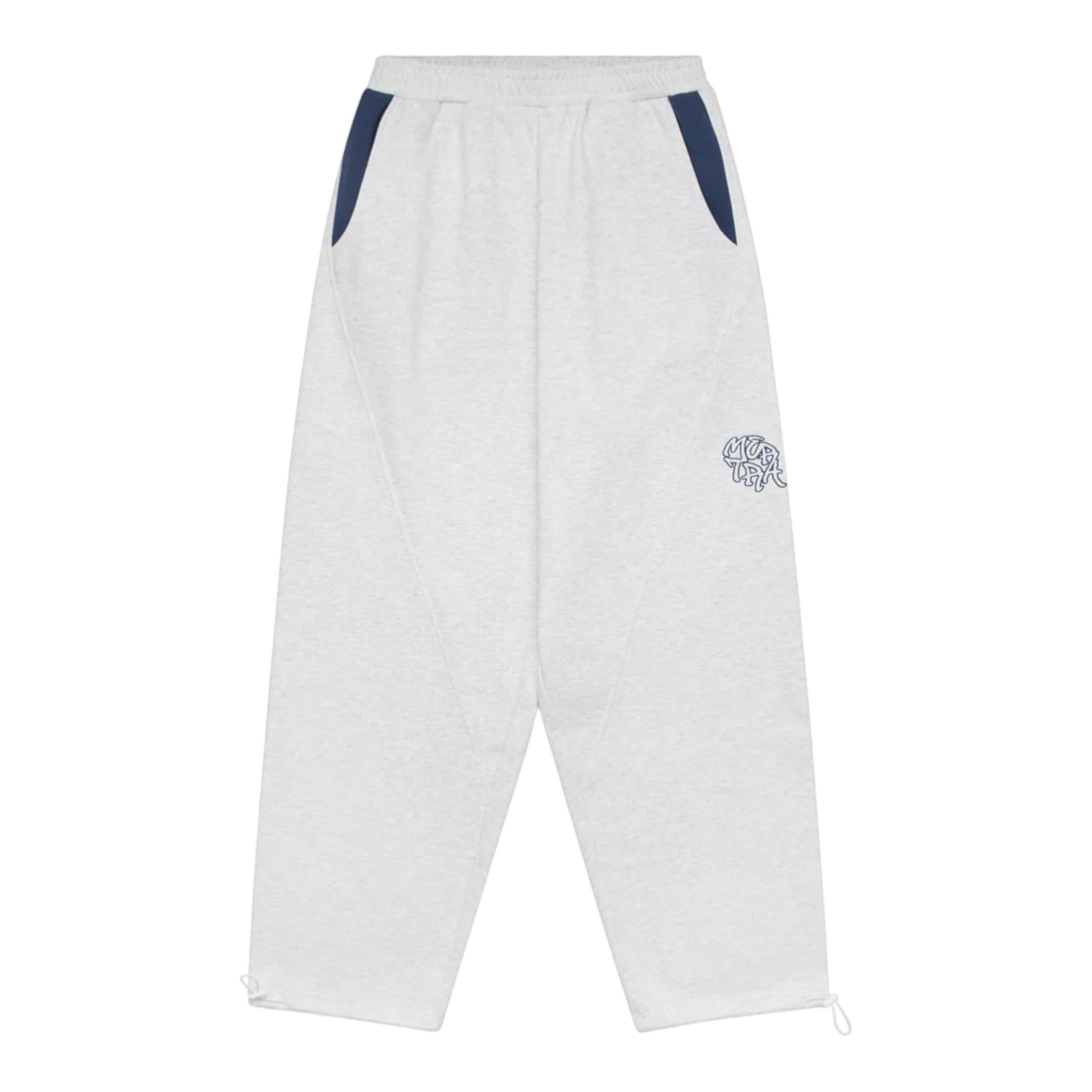 OFFCODE.USA Bigstep Joggers in light grey heather cotton blend with navy blue pocket accents and drawstring cuffs.