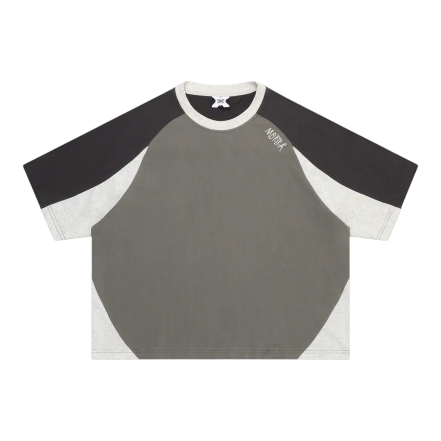 OFFCODE.USA Mantis Tee in slate grey, black, and light grey. 100% cotton with embroidered graphics and raglan cut.