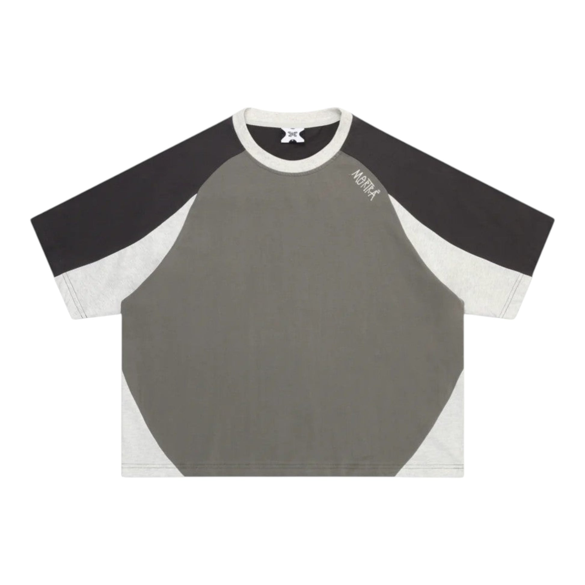 OFFCODE.USA Mantis Tee in slate grey, black, and light grey. 100% cotton with embroidered graphics and raglan cut.