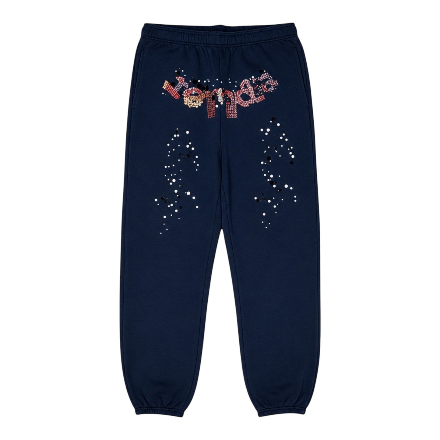 OFFCODE.USA navy blue kapok jogger pants with scattered white and black dot pattern and rhinestone logo.