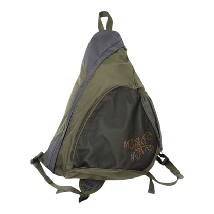 OFFCODE.USA olive green sling bag with mesh pocket and orange embroidered logo, adjustable strap.
