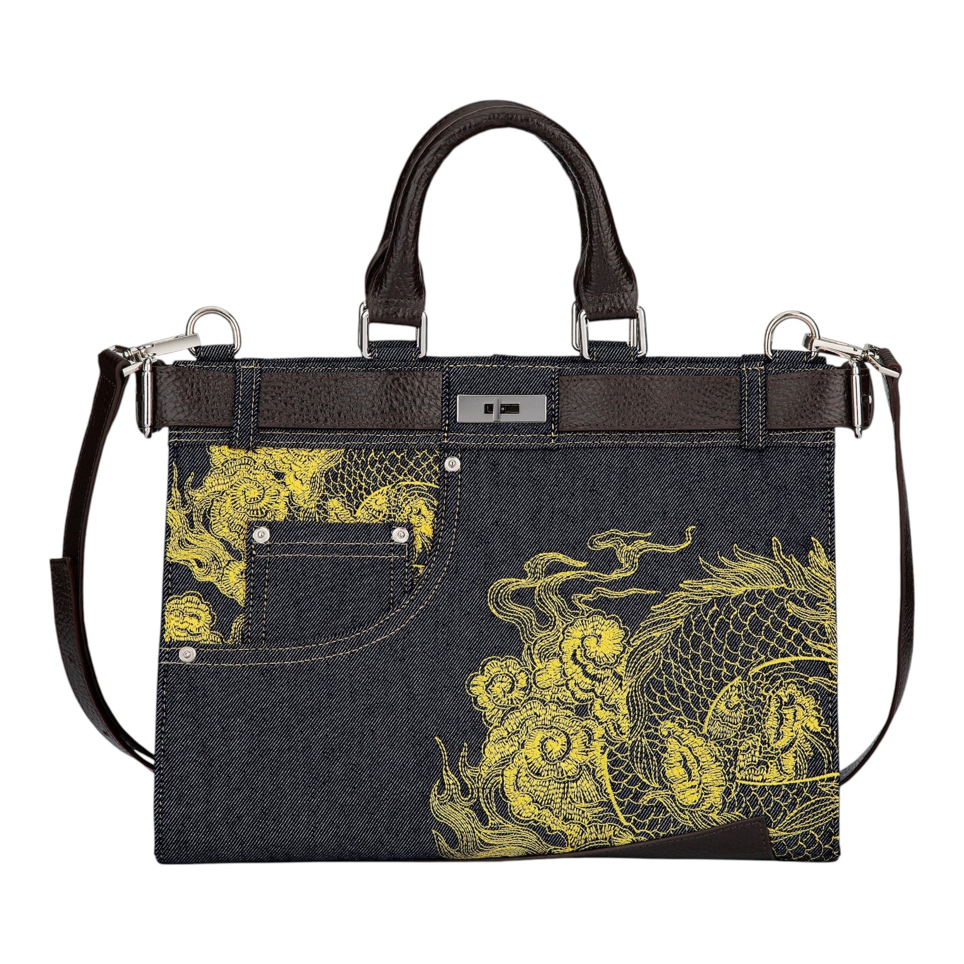 OFFCODE.USA yakuza v2 indigo raw denim handbag with yellow dragon embroidery, leather strap, and turn-lock closure.
