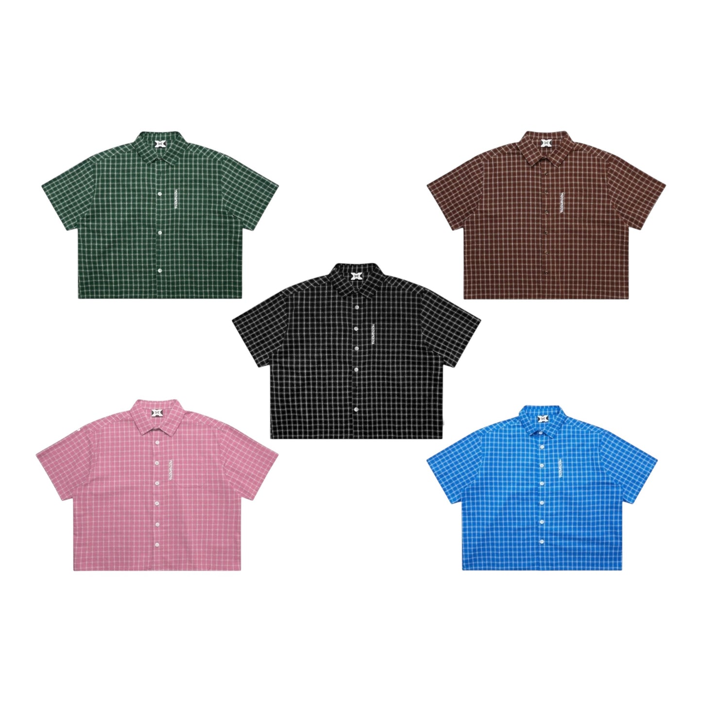 OFFCODE.USA plaid shirt in green, brown, black, pink, and blue. 100% cotton with boxy cropped fit, embroidered front graphic, and tortoise shell buttons.
