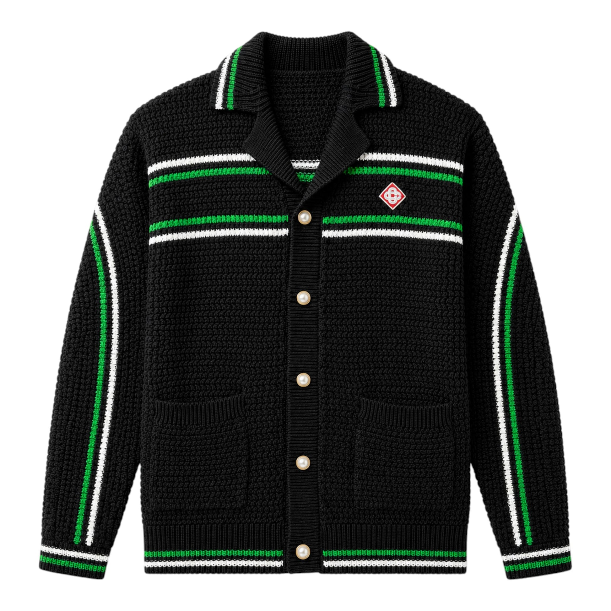 OFFCODE.USA black crochet shacket with green and white striped collar, cuffs, and chest detail. Features pearl buttons and pockets.