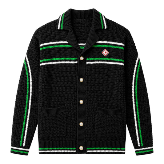 OFFCODE.USA black crochet shacket with green and white striped collar, cuffs, and chest detail. Features pearl buttons and pockets.