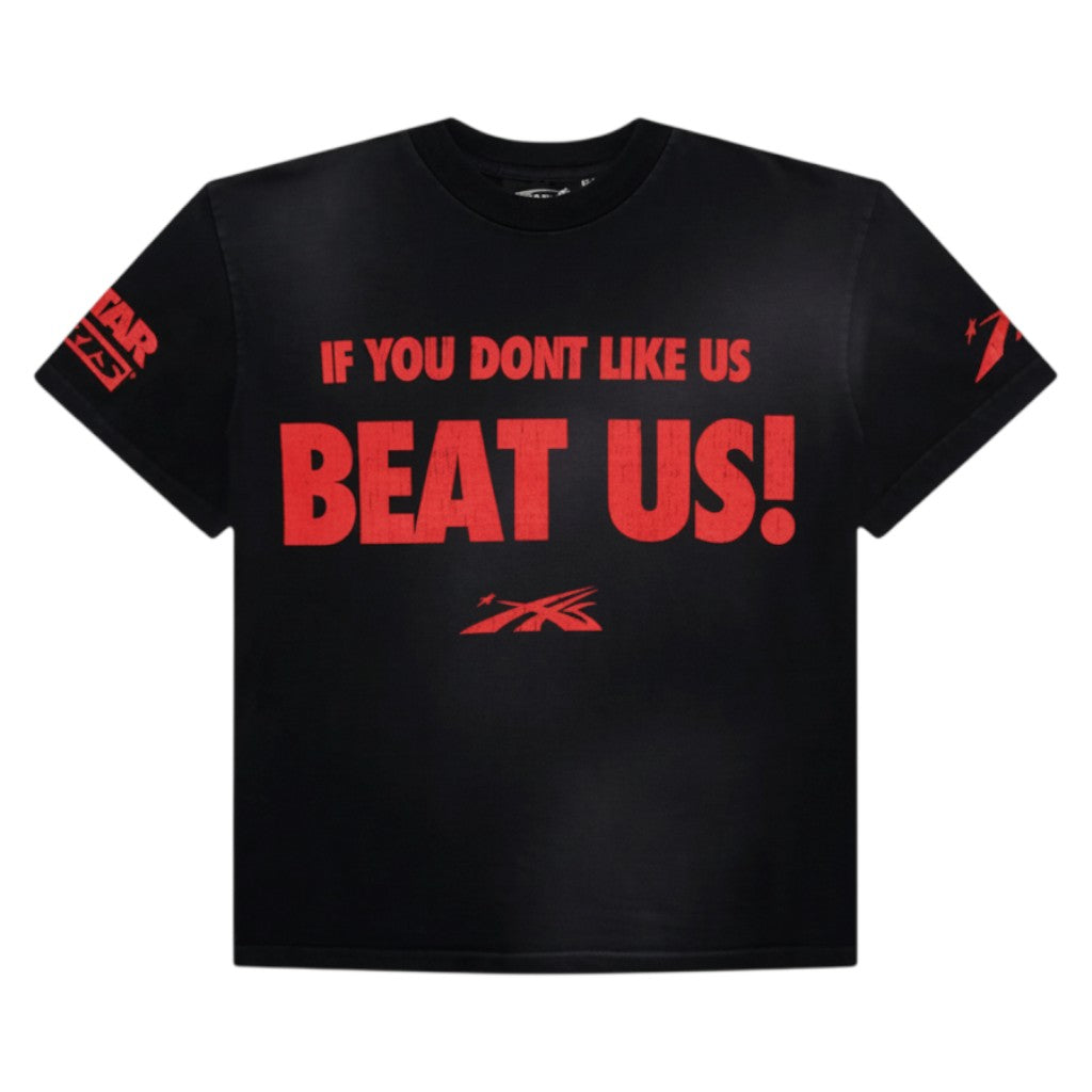 OFFCODE.USA black cotton t-shirt with bold red graffiti-style text "IF YOU DONT LIKE US BEAT US!" and graphic logo.