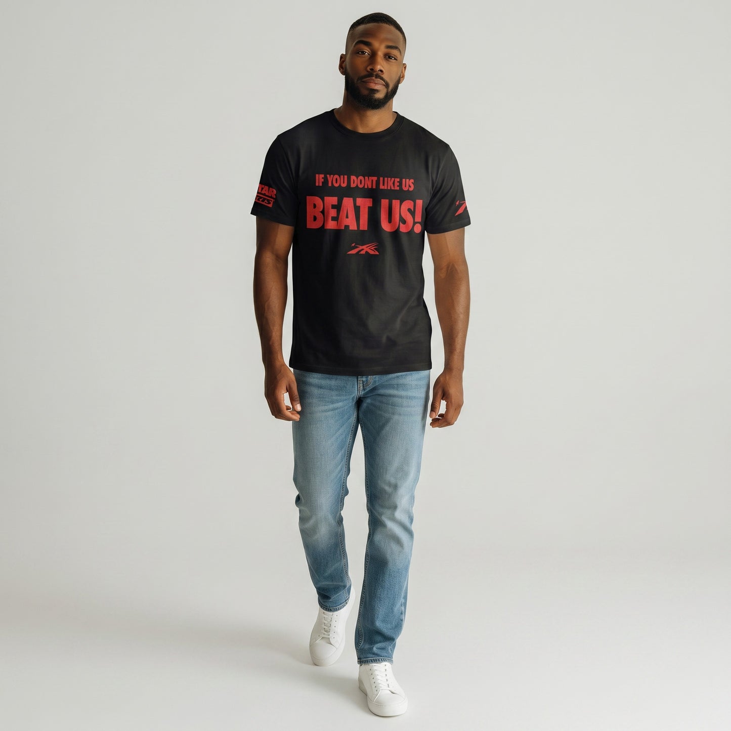 OFFCODE.USA black short-sleeved t-shirt with red graphic text "IF YOU DONT LIKE US BEAT US!" and sleeve graphics.