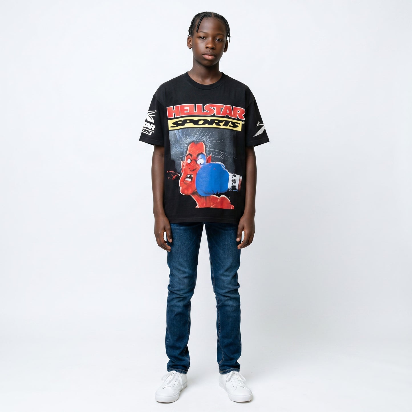 OFFCODE.USA black short-sleeved cotton t-shirt with a graphic print of a red devil character being punched in the face, with "HELLSTAR SPORTS" text.