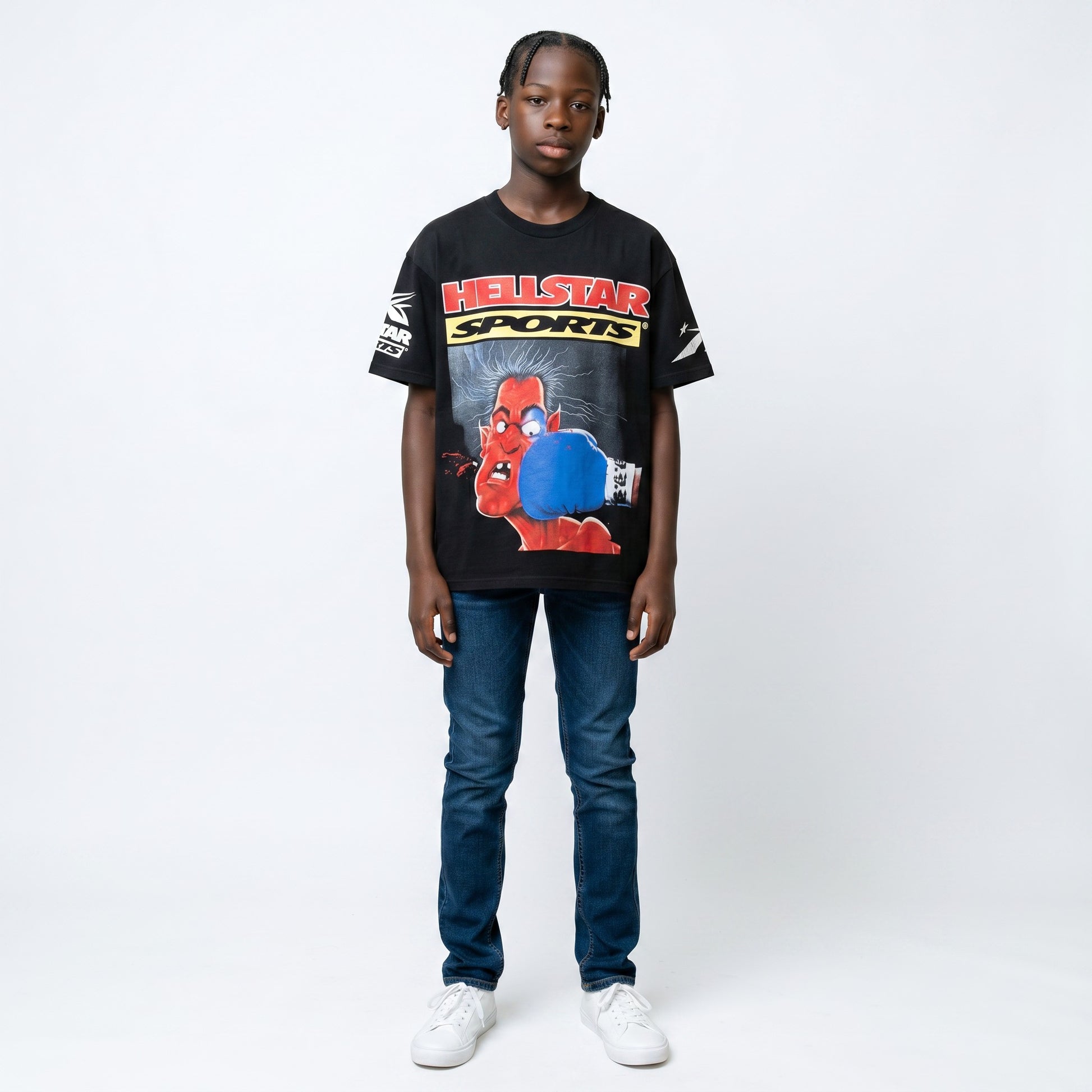 OFFCODE.USA black short-sleeved cotton t-shirt with a graphic print of a red devil character being punched in the face, with "HELLSTAR SPORTS" text.