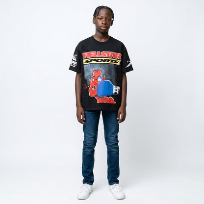 OFFCODE.USA black short-sleeved cotton t-shirt with a graphic print of a red devil character being punched in the face, with "HELLSTAR SPORTS" text.