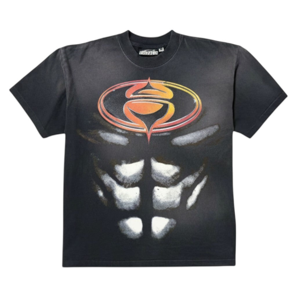OFFCODE.USA black cotton t-shirt with a graphic print of abs and an orange and yellow oval logo.