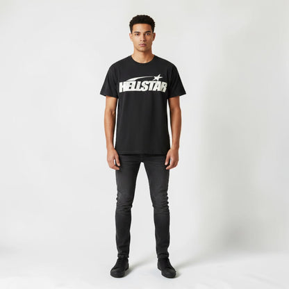 OFFCODE.USA men's black crew neck t-shirt with white Hellstar graphic print and distressed details.