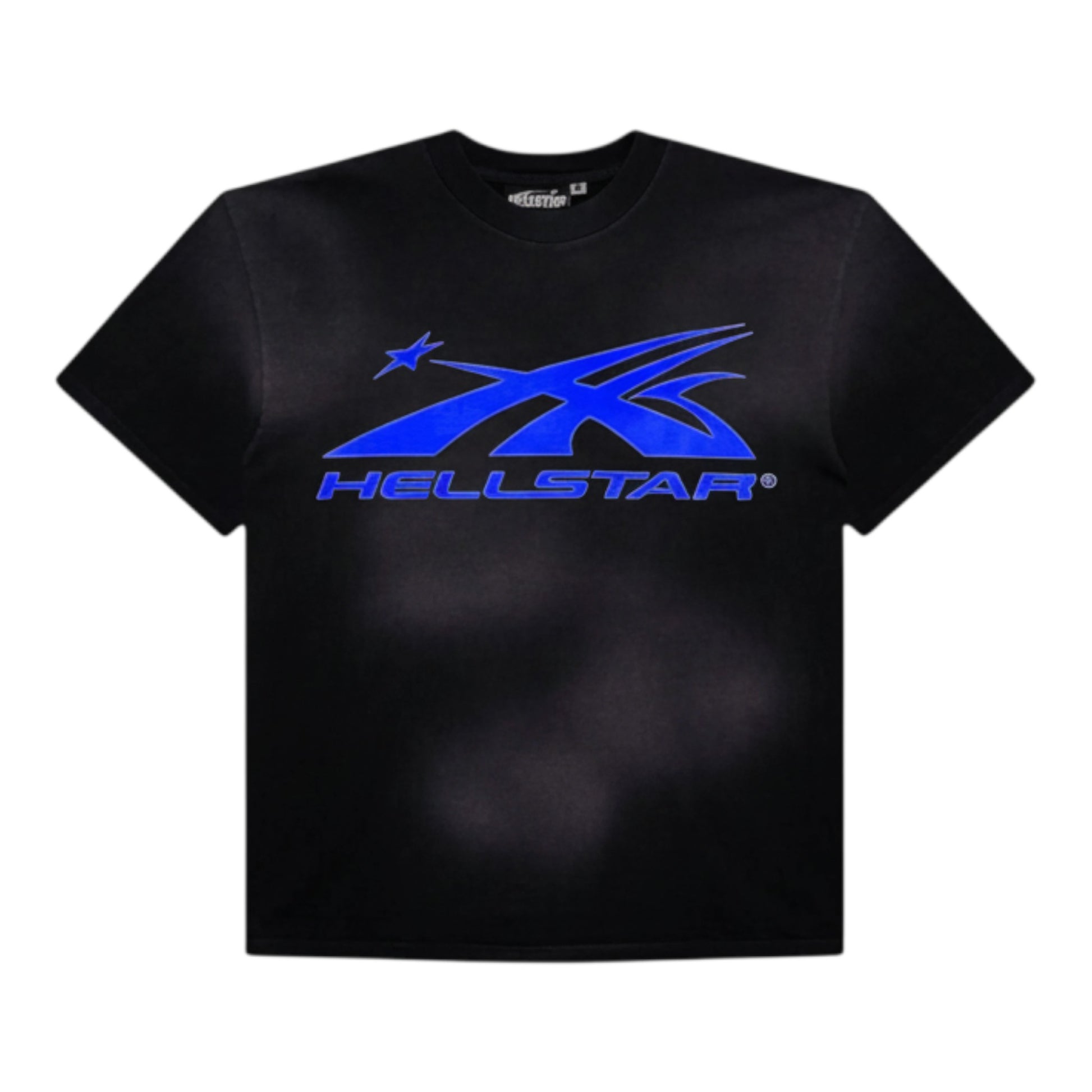 OFFCODE.USA black 100% cotton crew neck t-shirt with a loose fit and short sleeves, featuring a blue metallic 'HELLSTAR' logo and star graphic.