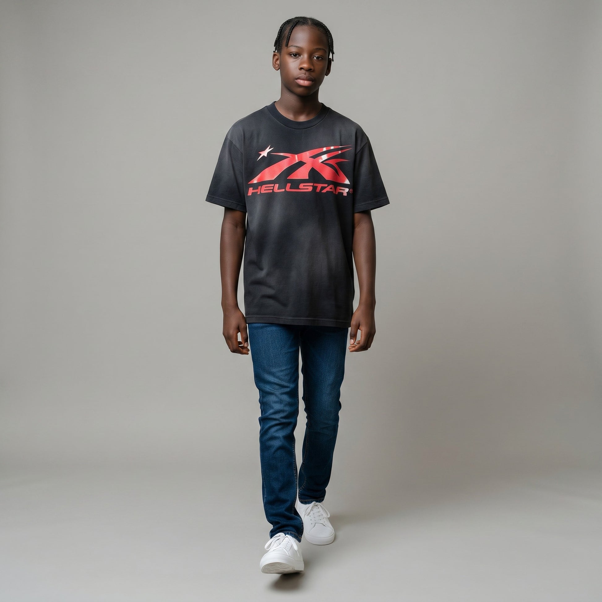 OFFCODE.USA men's black mercerized cotton crew neck t-shirt with red Hellstar logo print and loose fit.