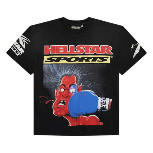 OFFCODE.USA black short-sleeved cotton t-shirt with a graphic of a cartoon devil boxing, featuring "HELLSTAR SPORTS" text.