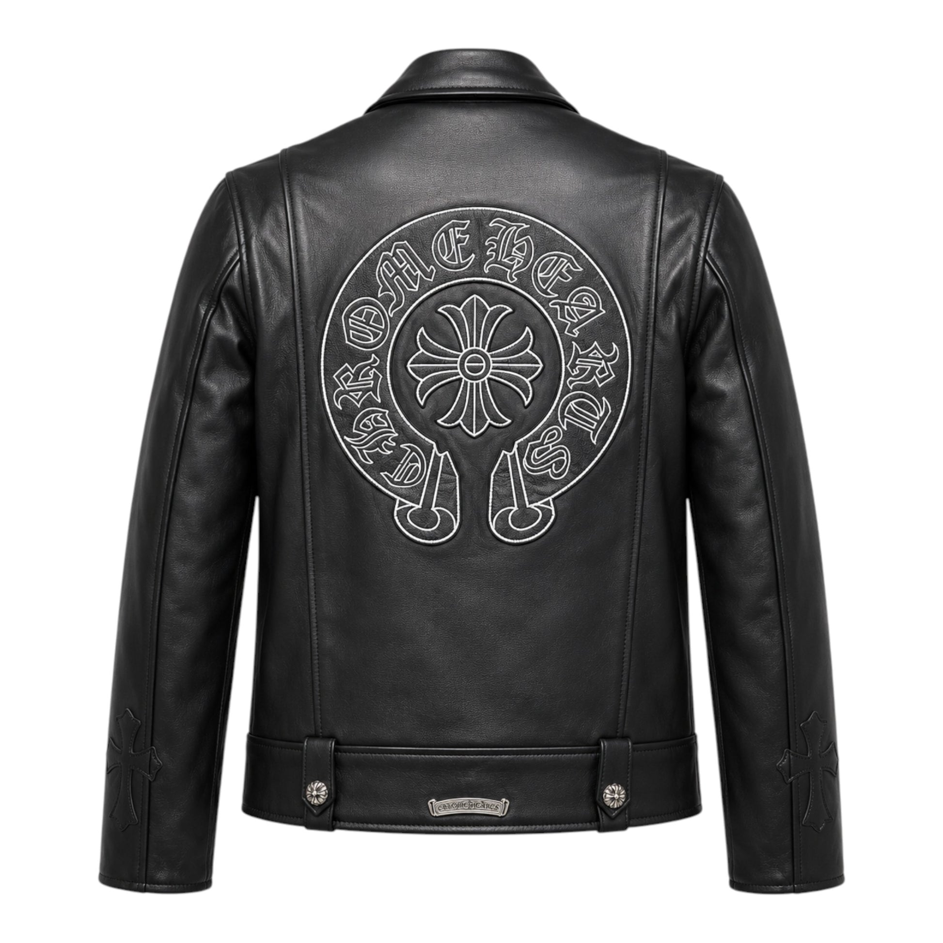 OFFCODE.USA black leather biker jacket with embroidered horseshoe logo on back. Features silver hardware and cross detail on sleeve.