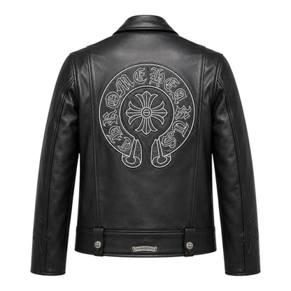 OFFCODE.USA black leather biker jacket with embroidered horseshoe logo on back. Features silver hardware and cross detail on sleeve.