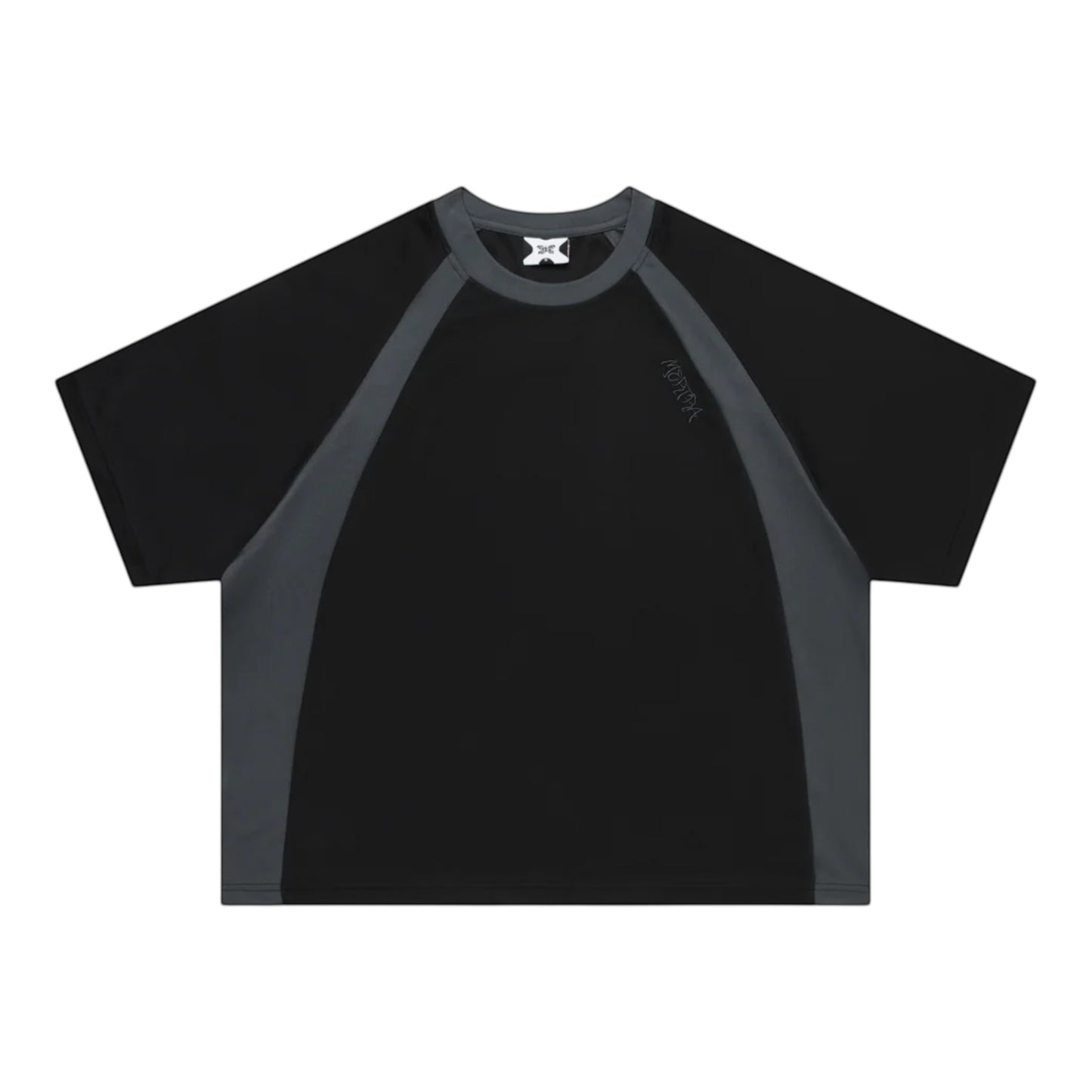 OFFCODE.USA black polyester mesh t-shirt with grey paneling and embroidered graphics, boxy fit.