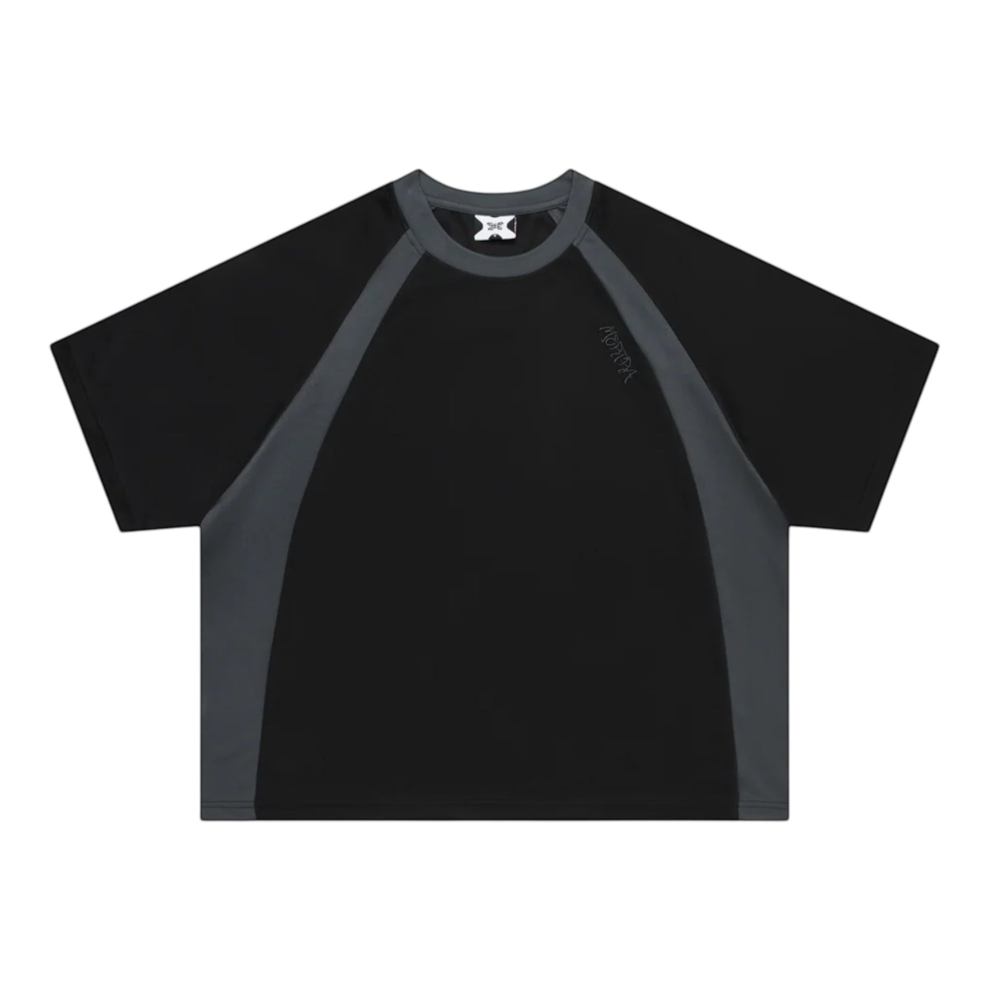 OFFCODE.USA black polyester mesh t-shirt with grey paneling and embroidered graphics, boxy fit.