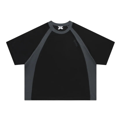 OFFCODE.USA black polyester mesh t-shirt with grey paneling and embroidered graphics, boxy fit.