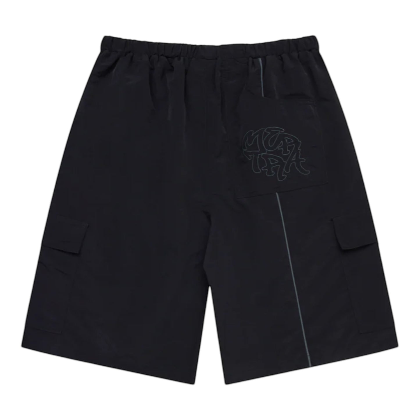 OFFCODE.USA black nylon baggy fit cargo shorts with waist toggle, 3D piping, embroidered graphics, and signature back pocket.