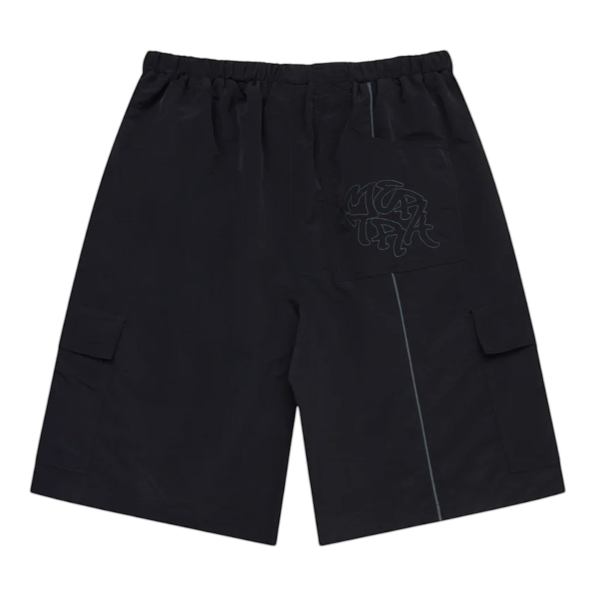 OFFCODE.USA black nylon baggy fit cargo shorts with waist toggle, 3D piping, embroidered graphics, and signature back pocket.