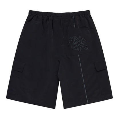 OFFCODE.USA black nylon baggy fit cargo shorts with waist toggle, 3D piping, embroidered graphics, and signature back pocket.