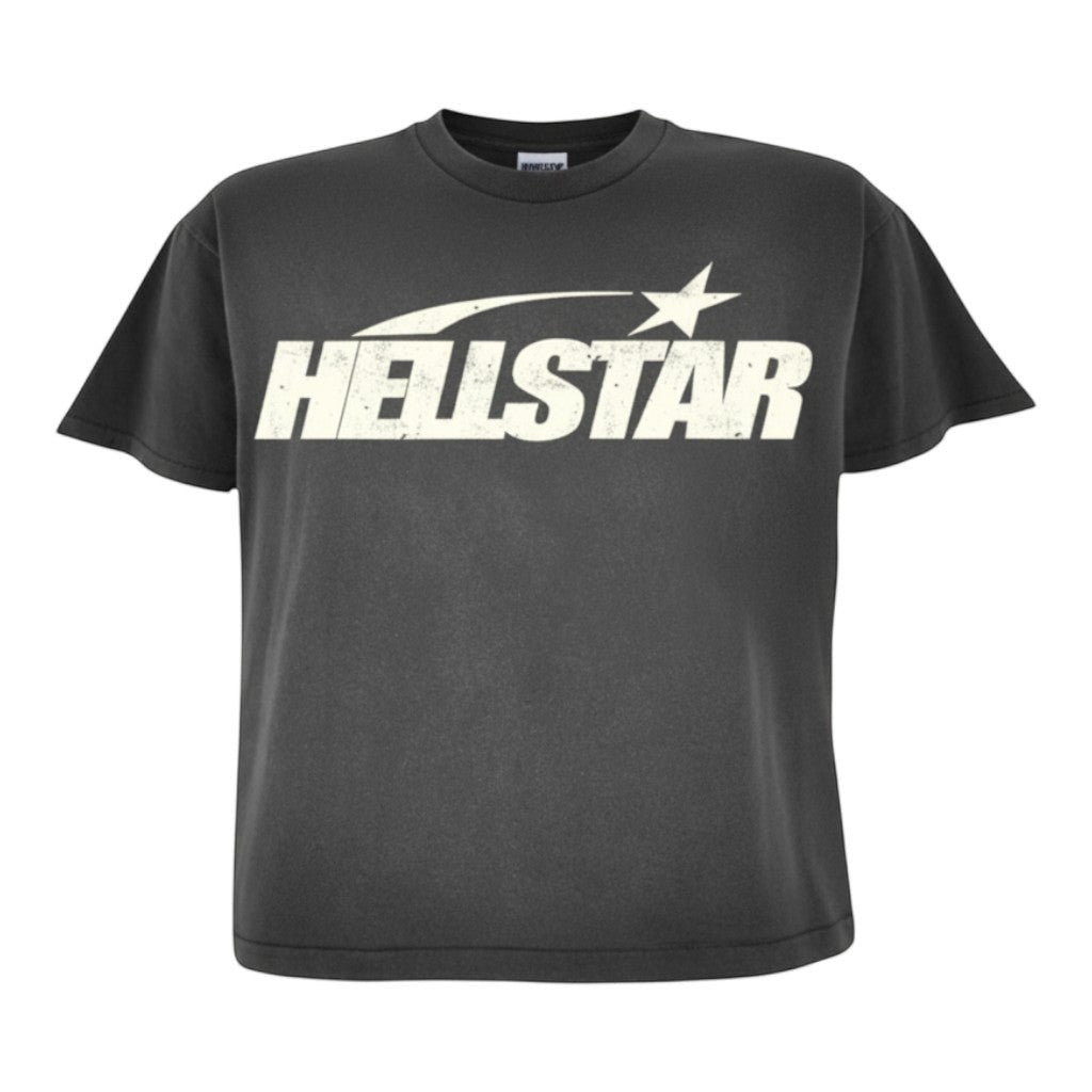 OFFCODE.USA unisex charcoal grey washed cotton t-shirt with distressed details and a white "HELLSTAR" logo graphic across the chest.