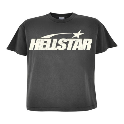 OFFCODE.USA unisex charcoal grey washed cotton t-shirt with distressed details and a white "HELLSTAR" logo graphic across the chest.