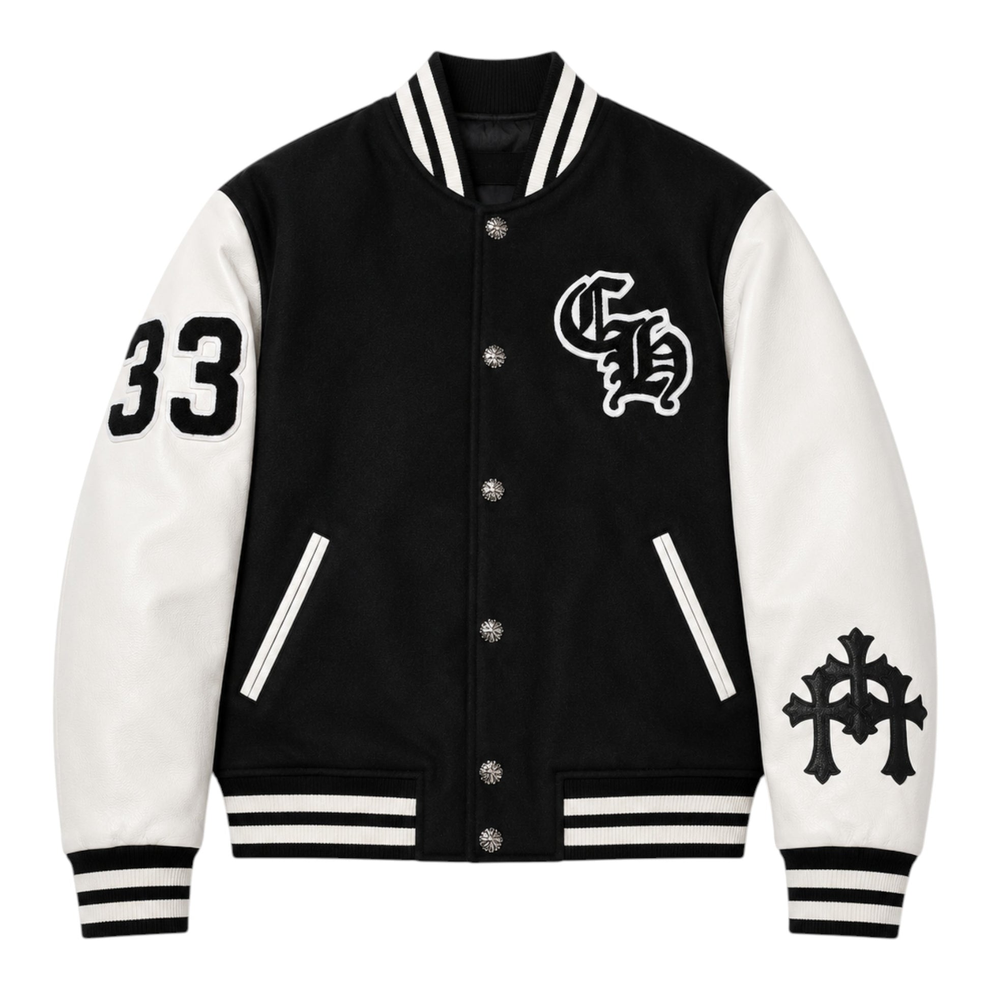 OFFCODE.USA Chrome Hearts Eagle Varsity Jacket in black wool with white leather sleeves, featuring "33" on the left sleeve and embroidered logos.