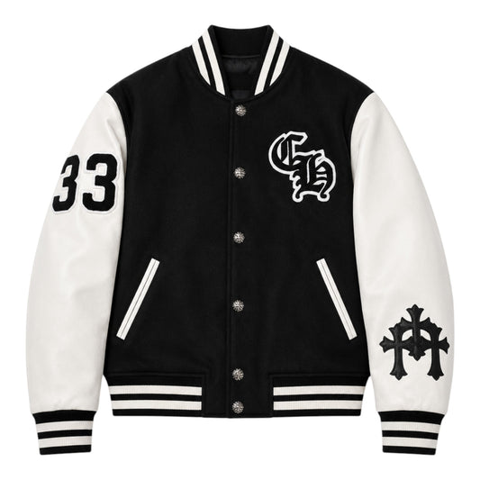 OFFCODE.USA Chrome Hearts Eagle Varsity Jacket in black wool with white leather sleeves, featuring "33" on the left sleeve and embroidered logos.
