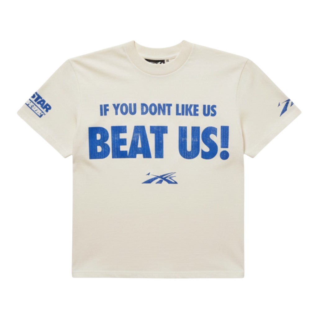 OFFCODE.USA cream cotton crew neck short-sleeved t-shirt with blue 'BEAT US!' graphic print and 'IF YOU DONT LIKE US' text.