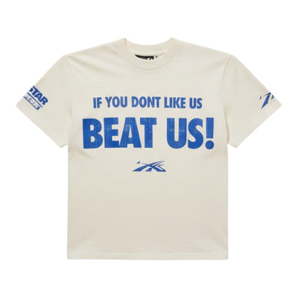 OFFCODE.USA cream cotton crew neck short-sleeved t-shirt with blue 'BEAT US!' graphic print and 'IF YOU DONT LIKE US' text.