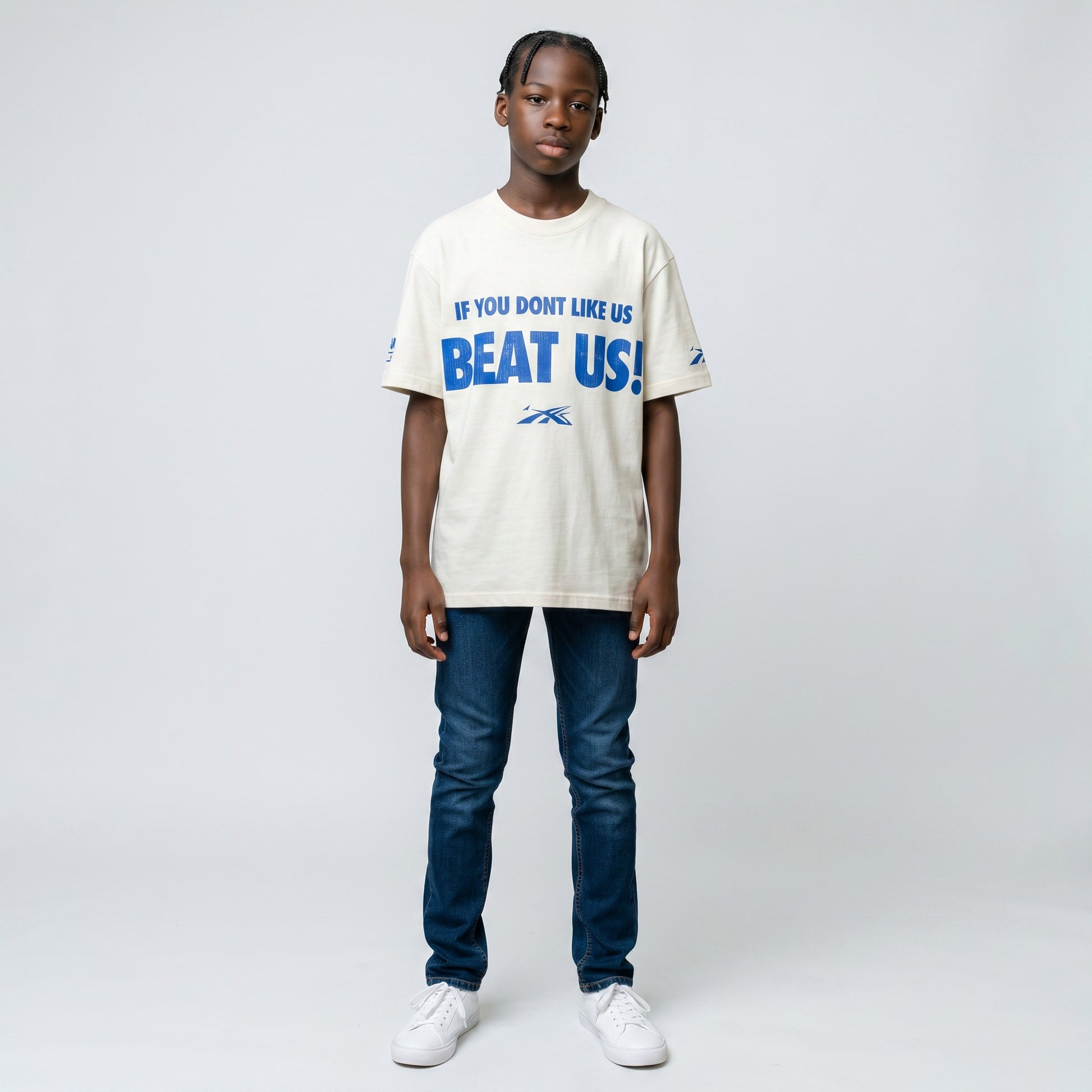 OFFCODE.USA cream cotton t-shirt with blue "IF YOU DONT LIKE US BEAT US!" graphic print on chest and sleeves.