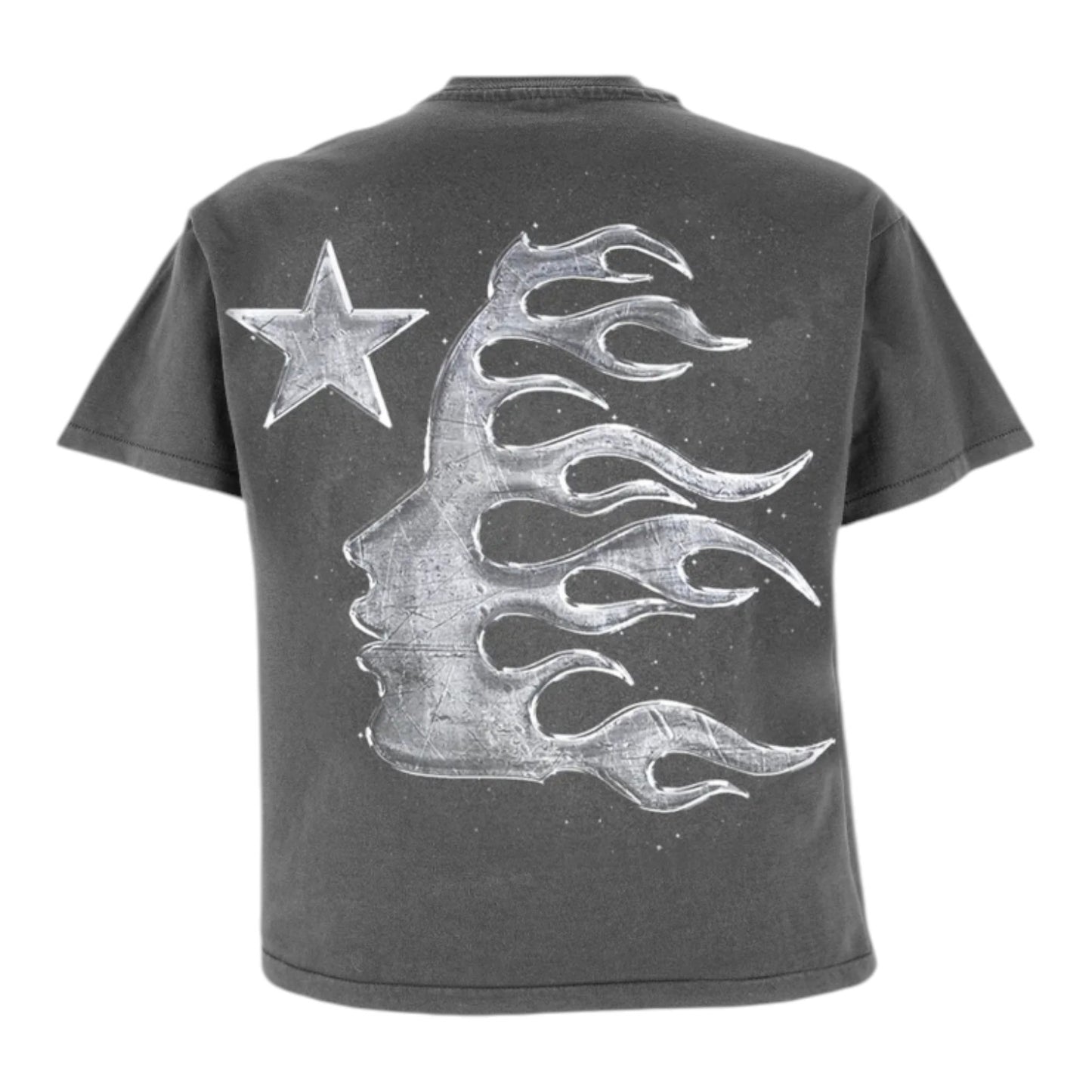 OFFCODE.USA dark grey washed cotton t-shirt with distressed print of a profile face with flames and a star.