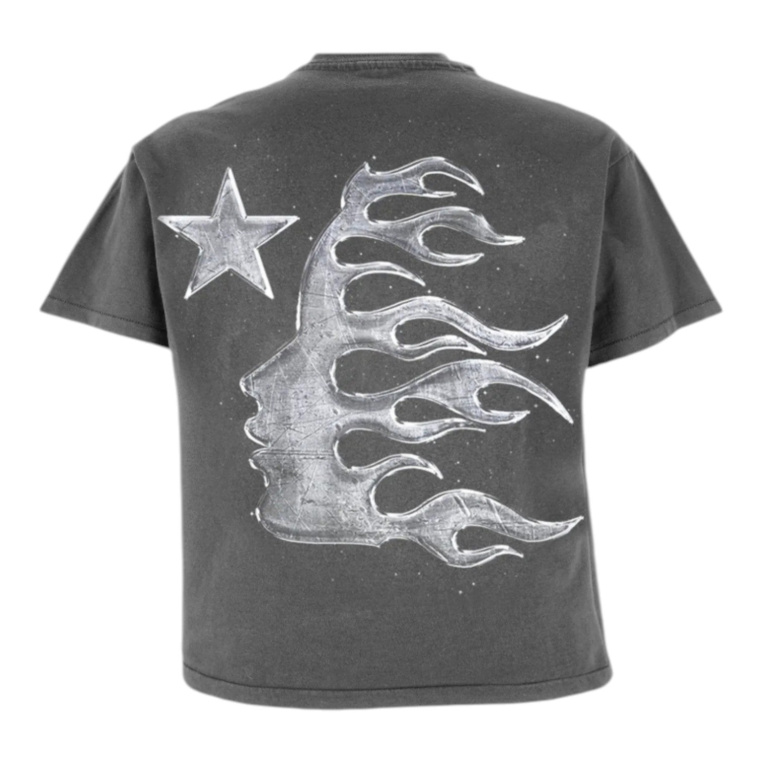 OFFCODE.USA dark grey washed cotton t-shirt with distressed print of a profile face with flames and a star.
