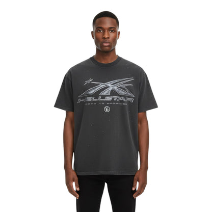OFFCODE.USA men's dark grey washed cotton t-shirt with distressed graphic print and short sleeves.
