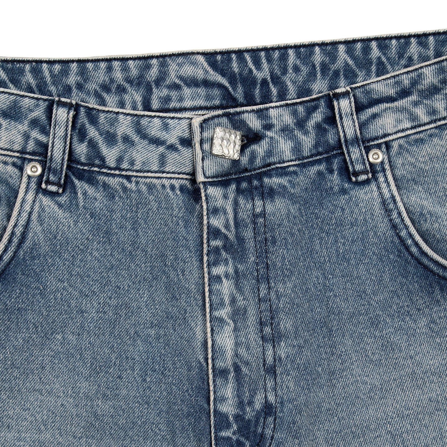 OFFCODE.USA gallery washed indigo denim jeans with custom button and debossed leather patch. 100% cotton.