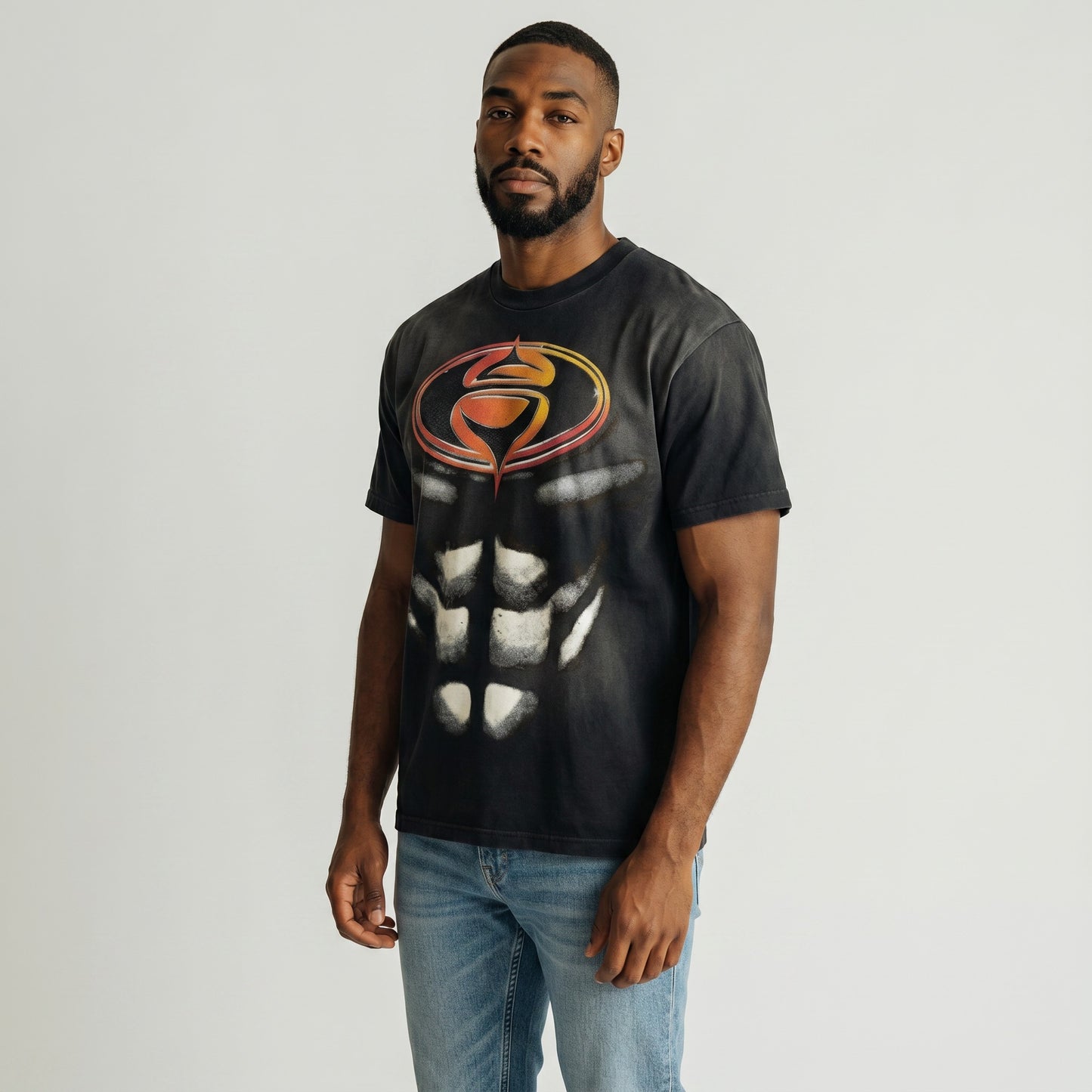 OFFCODE.USA black crew neck pure cotton t-shirt with abstract graphic print of abs and an oval logo.