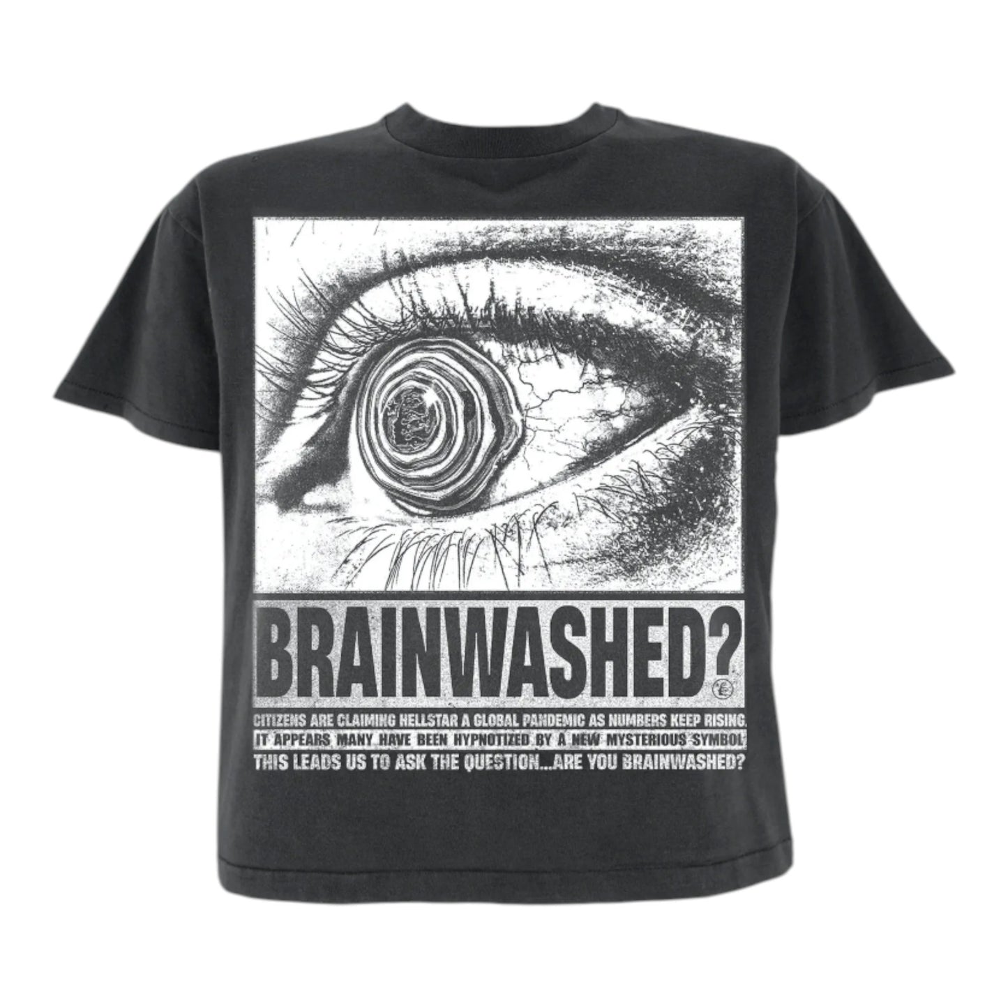 OFFCODE.USA gray washed distressed cotton t-shirt with a large graphic print of an eye and the text "BRAINWASHED?"