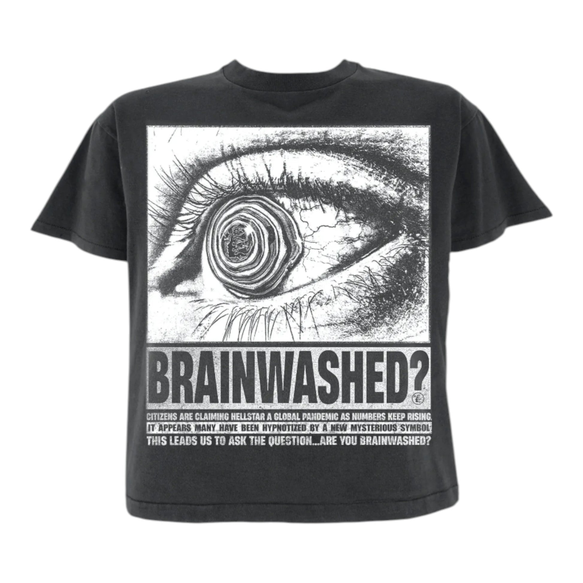 OFFCODE.USA gray washed distressed cotton t-shirt with a large graphic print of an eye and the text "BRAINWASHED?"