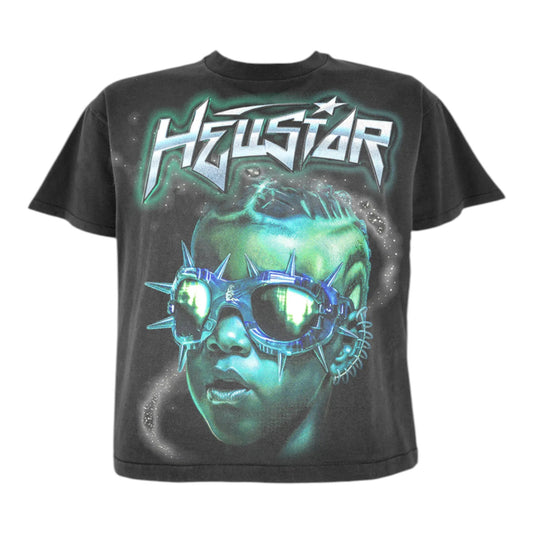 OFFCODE.USA black 100% cotton t-shirt with a graphic of a person wearing futuristic spiked goggles and the Hellstar logo.